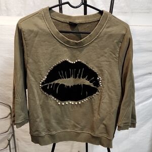 Olive Green Sweatshirt with Black Lip Design